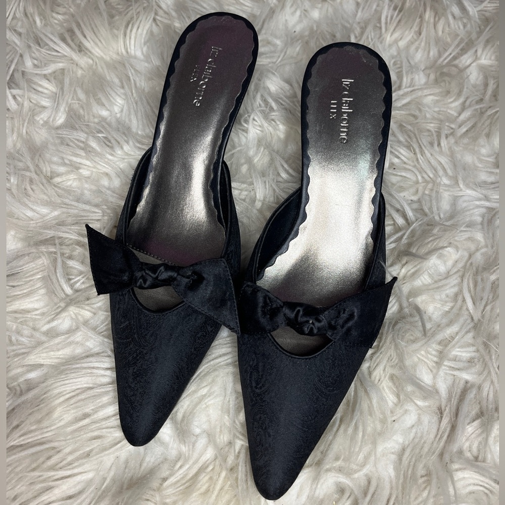 Liz Claiborne Black Satin Brocade Kitten Heel Bow Pointy Mule Slides Sz 8M